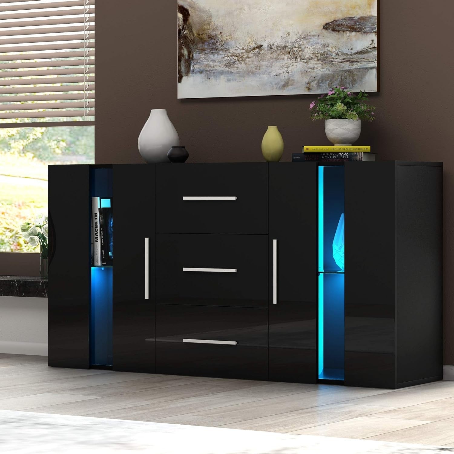 Modern Black RGB Sideboard Cabinet 2 Doors 3 Drawers LED Lighting Storage