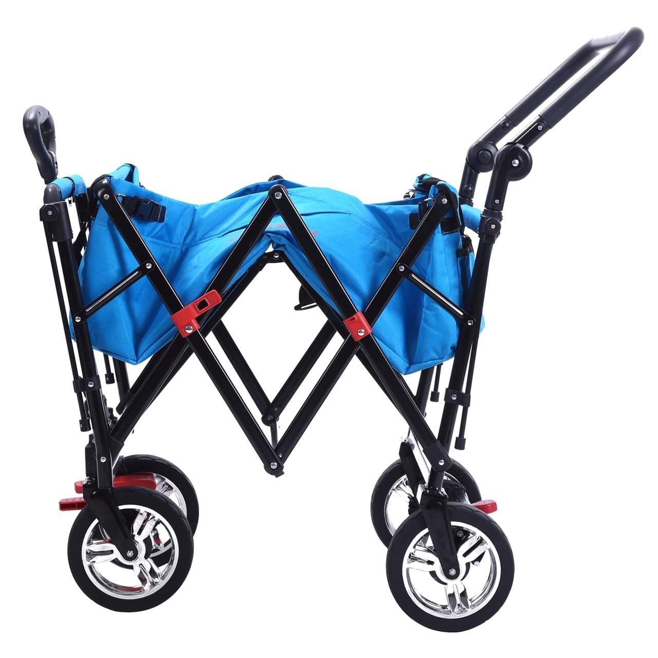 Blue Folding Kids Wagon Canopy Push Pull Outdoor Cart w/ Brakes & Rubber Wheels