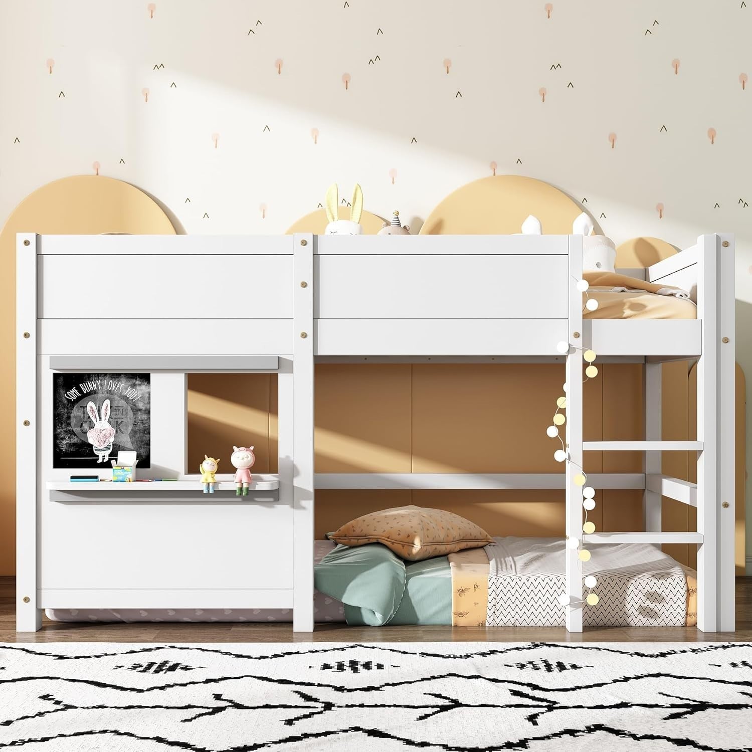 Kids Bunk Bed with Storage & Blackboard, 3FT Loft Bed Frame 90x190cm