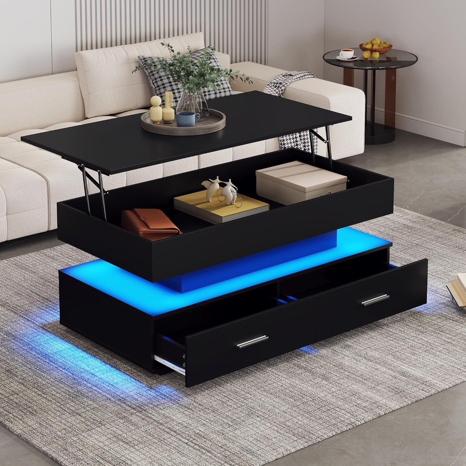 Modern LED Lift Top Coffee Table with Storage & Drawers, Adjustable Height