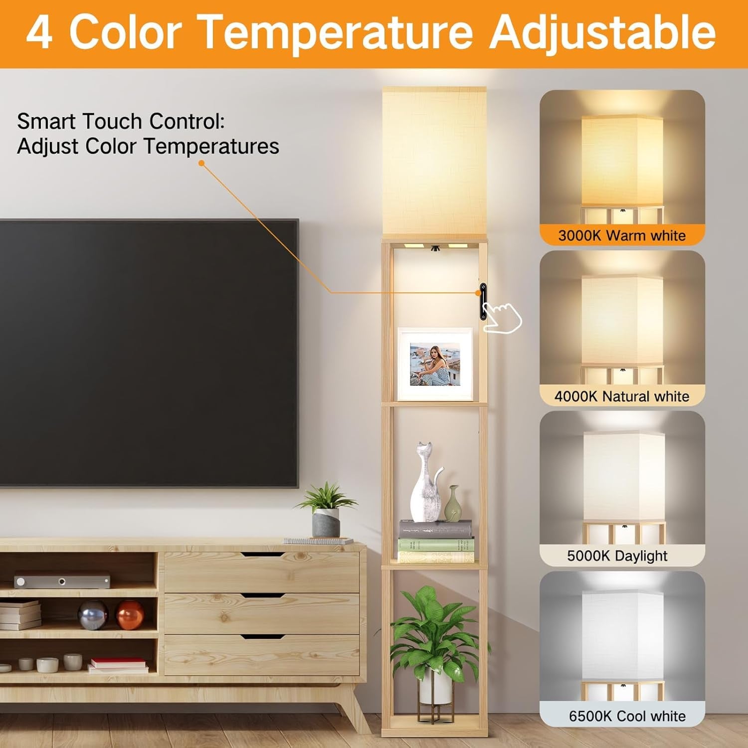 Floor Lamp with Shelves Dimmable Touch Remote LED Standing Light Wood