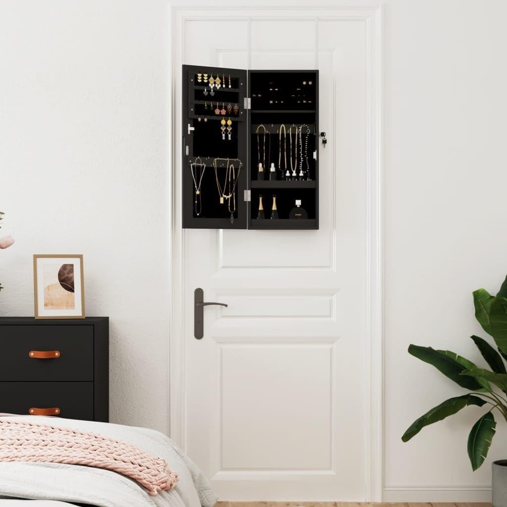Compact Wall Mounted Jewelry Cabinet Mirror Lockable Storage Black
