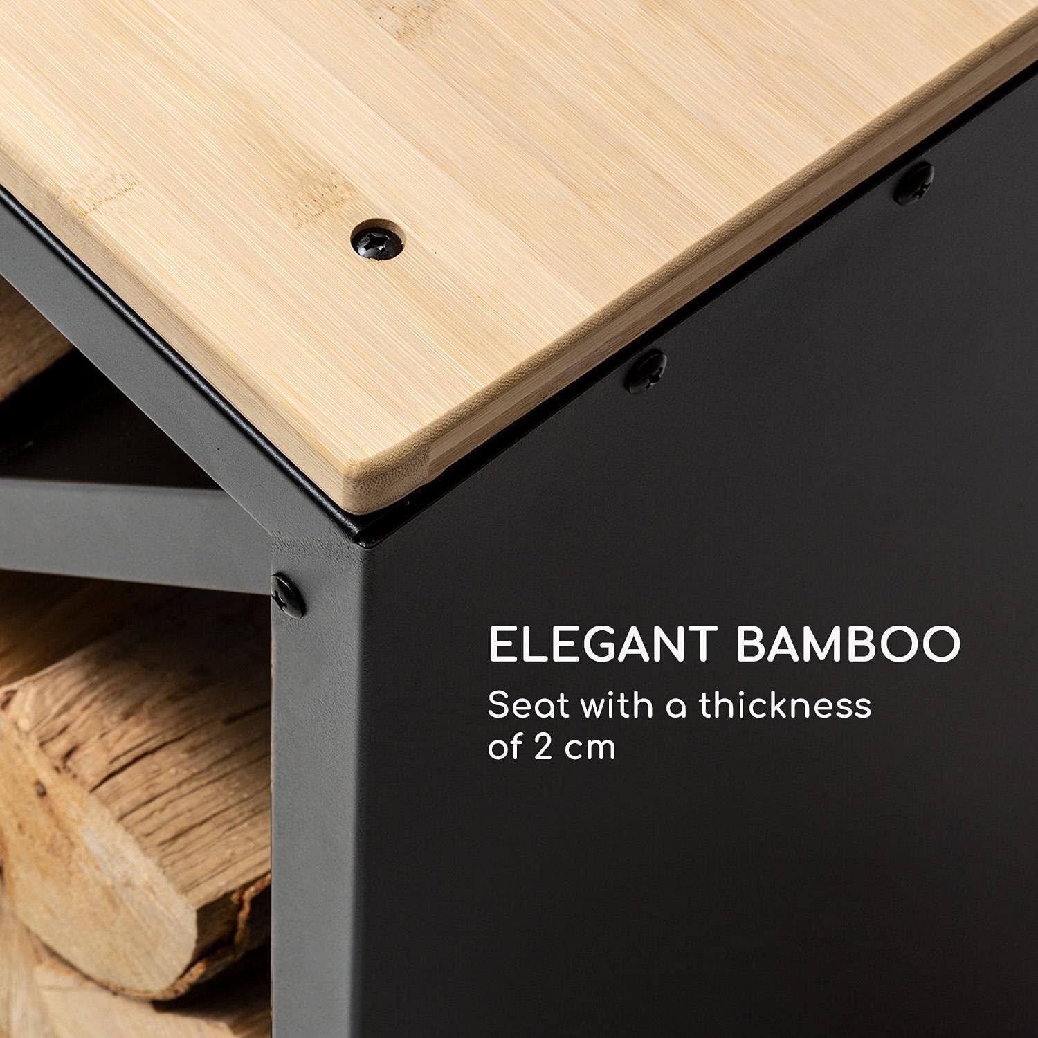 Firewood Storage Bench with Bamboo Top & Steel Frame – Stylish & Space-Saving