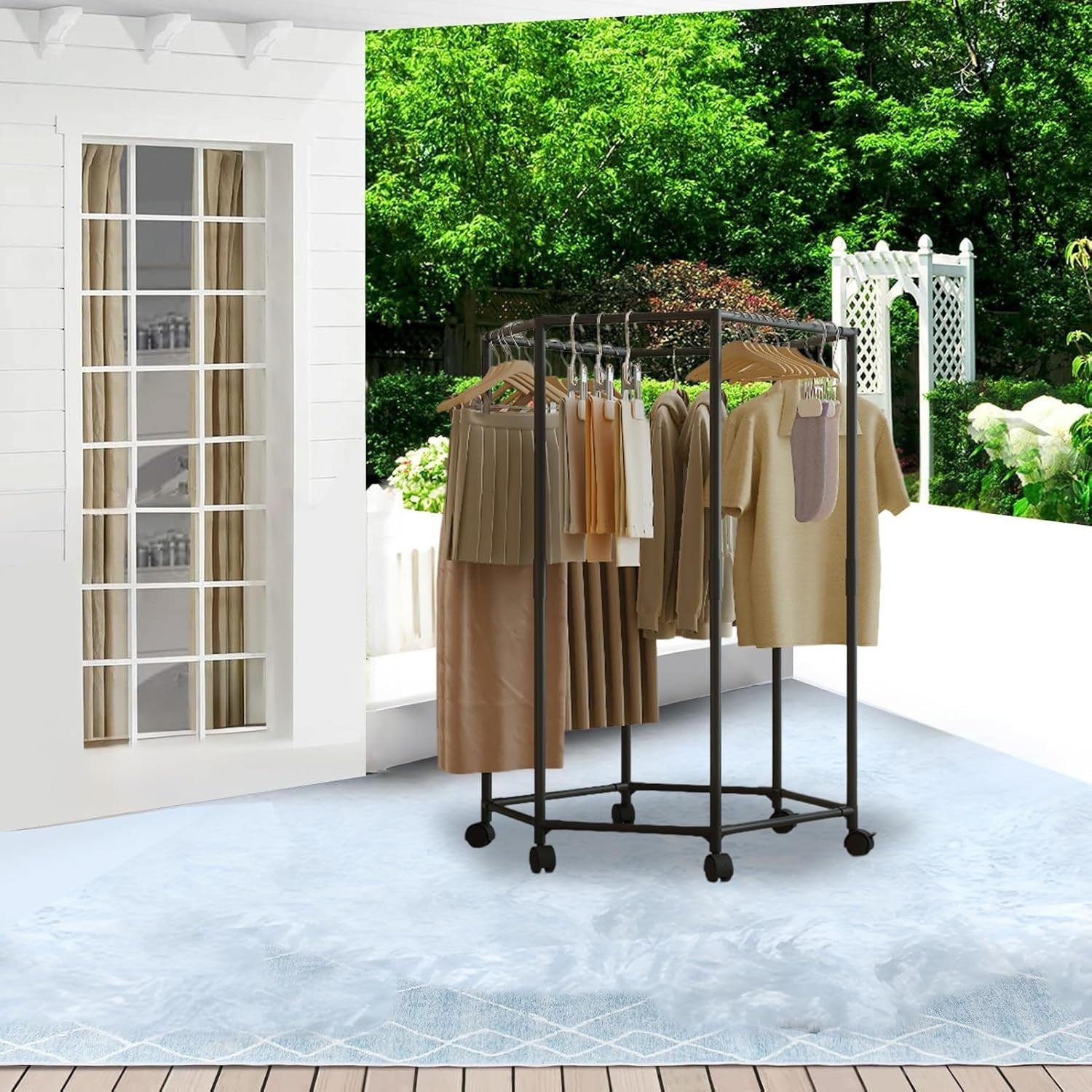 Hexagonal Clothes Drying Rack Rolling Garment Rail Space Saving Indoor Outdoor