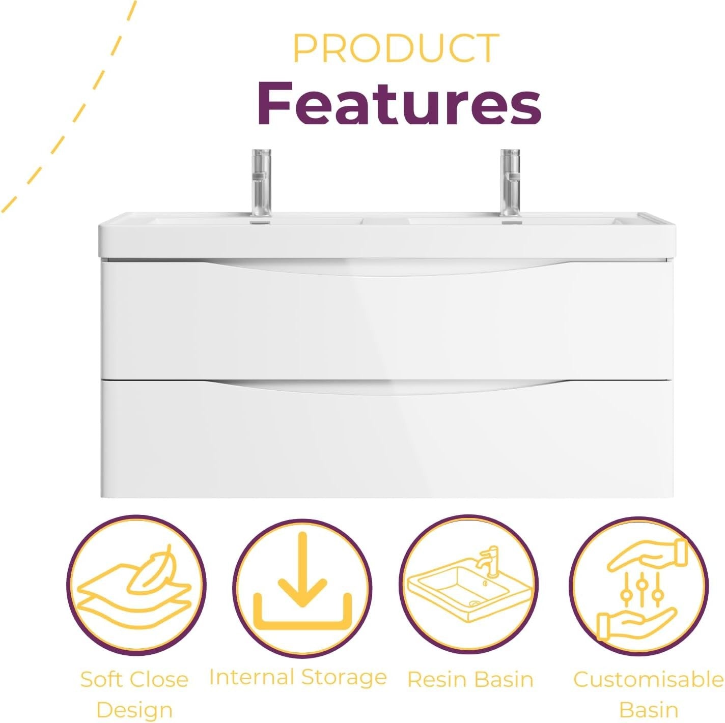 1200mm Wall Hung Vanity Unit White Gloss Double Resin Basin Bathroom Cabinet