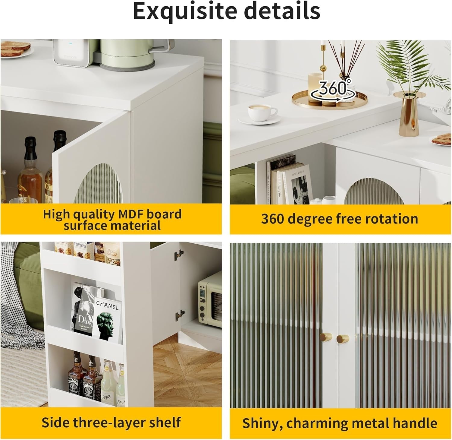 360° Rotating Kitchen Island with Glass Doors & Multiple Storage Shelves White