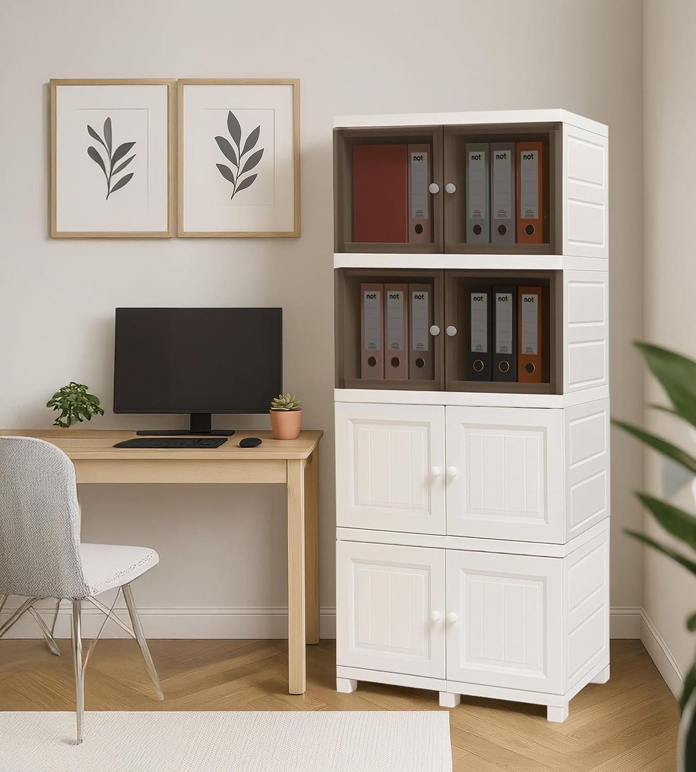 4 Tier White Plastic Storage Cabinet | Multipurpose Cupboard with Tinted Doors