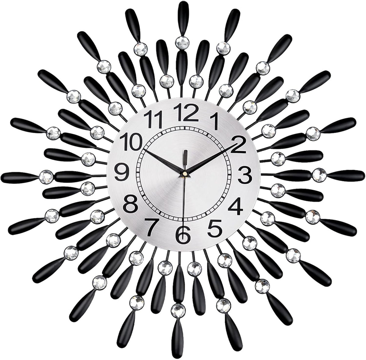 60cm Luxury Sunburst Wall Clock – Diamante Beaded Metal Design Black