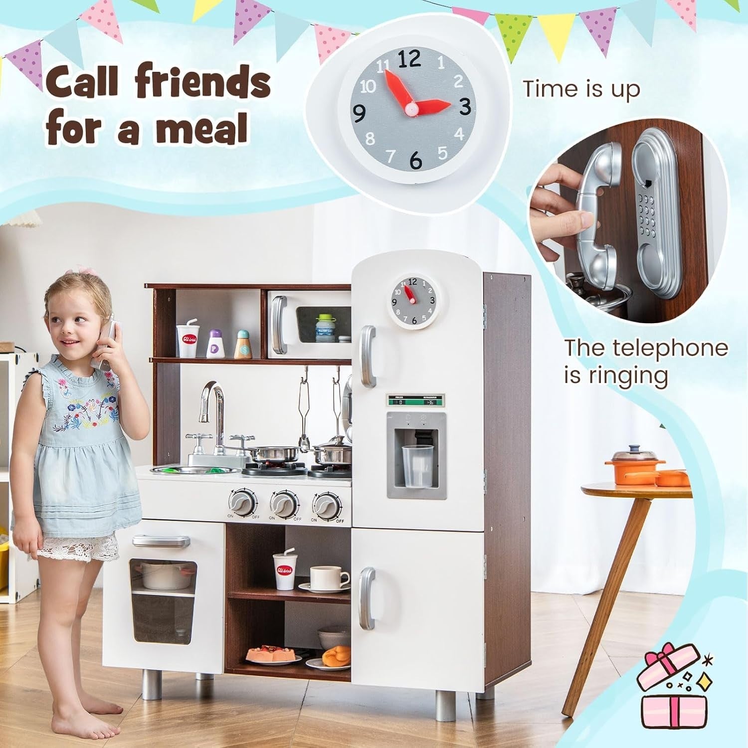 Wooden Kids Play Kitchen Set Light Sound Toy Cooking Role Play Brown