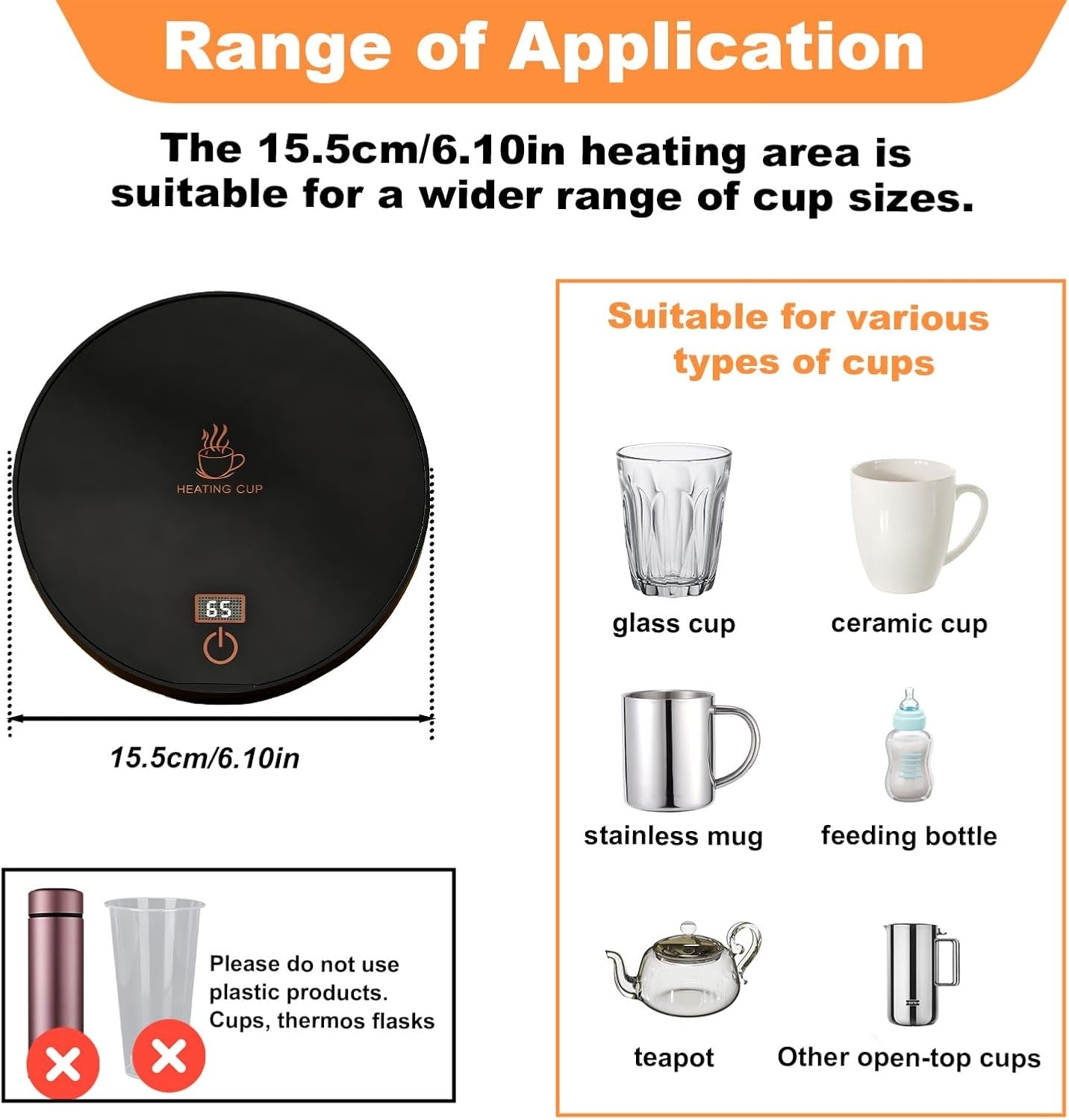 Black USB Coffee Mug Warmer 3 Temp Touch Control 24H Auto Off