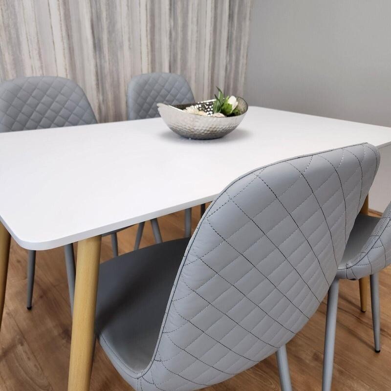 White Dining Table Set with 4 Grey Quilted Chairs – Modern Kitchen Set