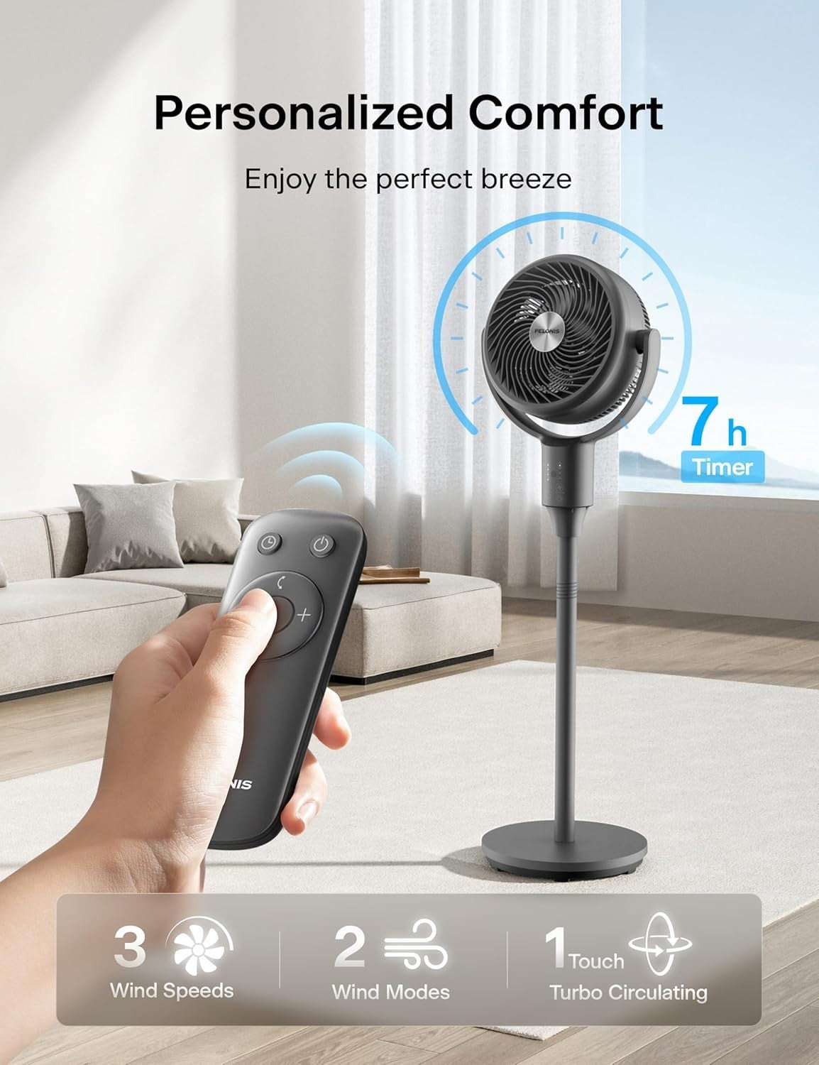 Adjustable Standing Fan Grey – 3-Speed Quiet Oscillating Air Circulator Remote