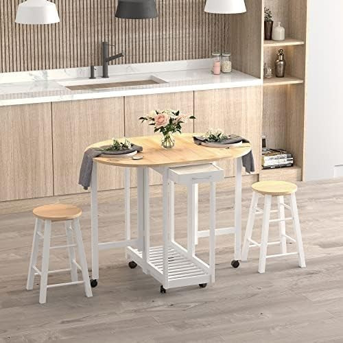 3-Piece Foldable Drop Leaf Dining Set with Stools White Modern Compact