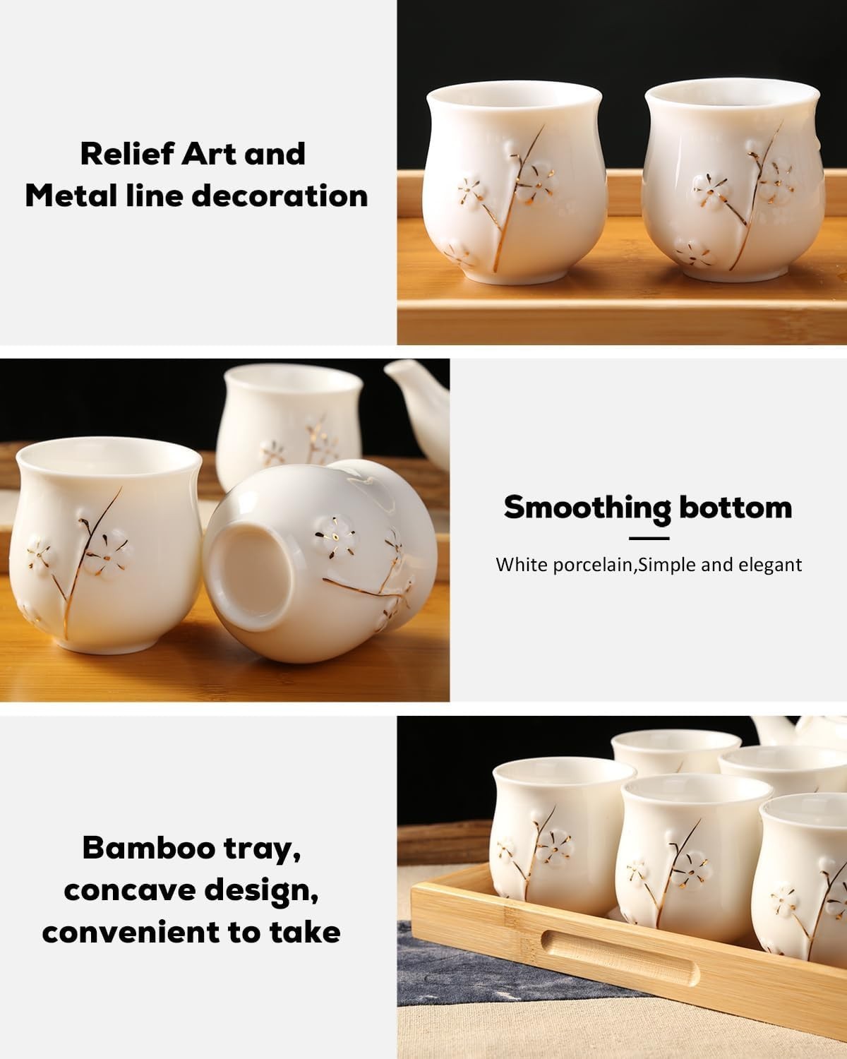 Japanese Porcelain Tea Set Teapot 6 Cups Tray Infuser White Gold