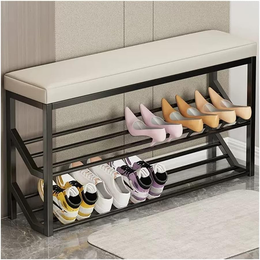 2-Tier Black & Beige Entryway Shoe Rack Bench with Padded Seat