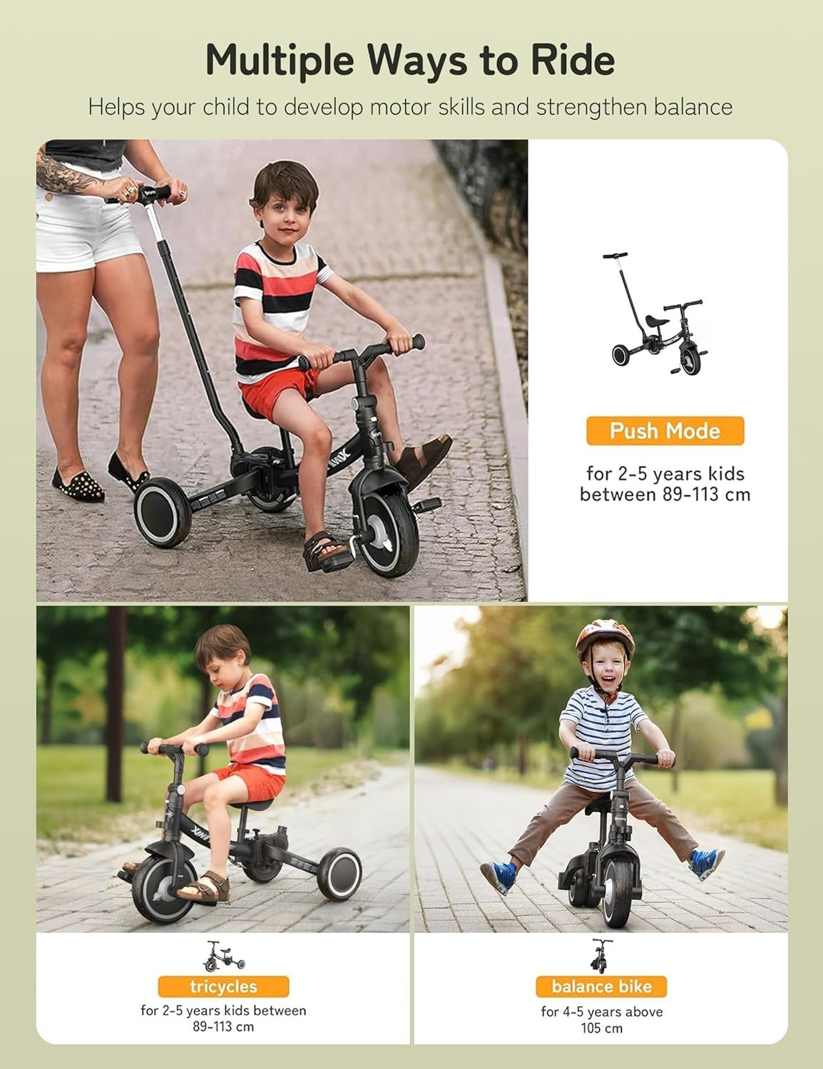 5 In 1 Toddler Tricycle Push Handle Foldable Balance Bike Black 1-5Y