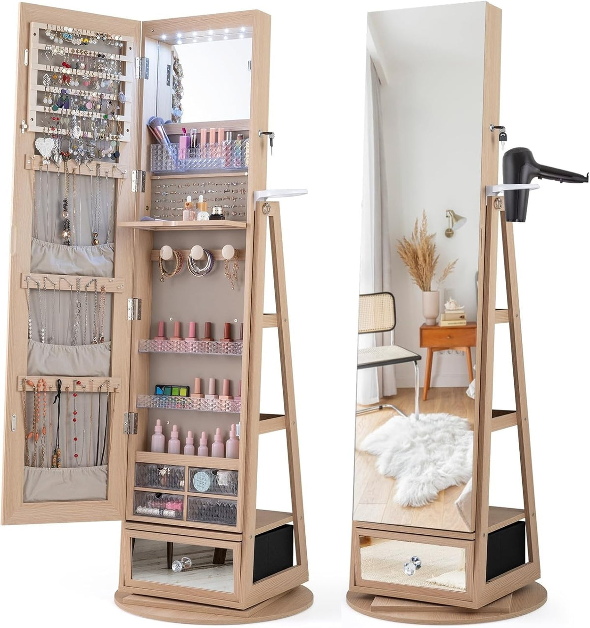 Natural Wood 360° Swivel LED Jewelry Cabinet Mirror Lockable Storage
