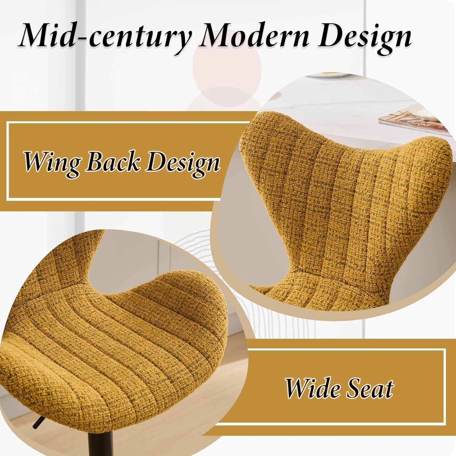 Yellow Wing-Back Bar Stools Set of 2 | Chenille Seat, Swivel & Adjustable