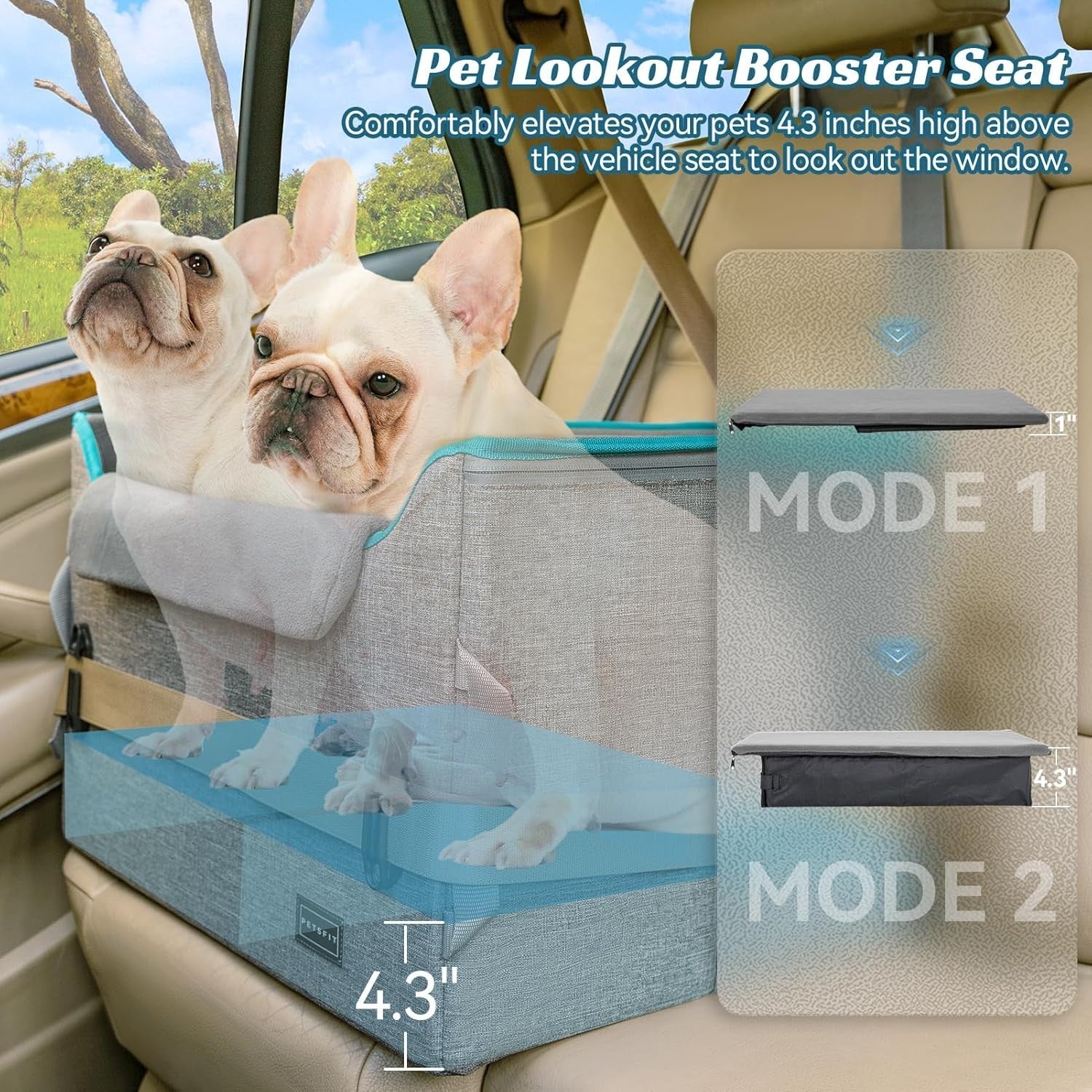 Dog Booster Car Seat Adjustable Height Travel Bed 25lb Grey Medium