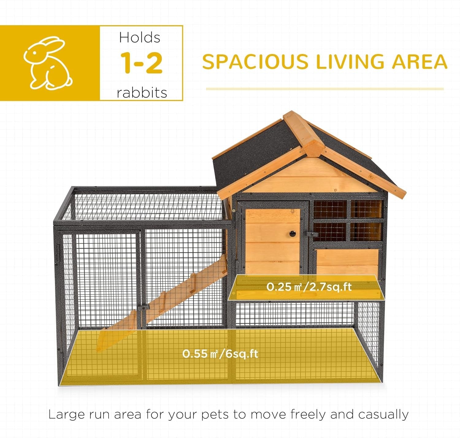 Outdoor Rabbit Hutch with Run Wooden Metal Cage Elevated Guinea Pig House