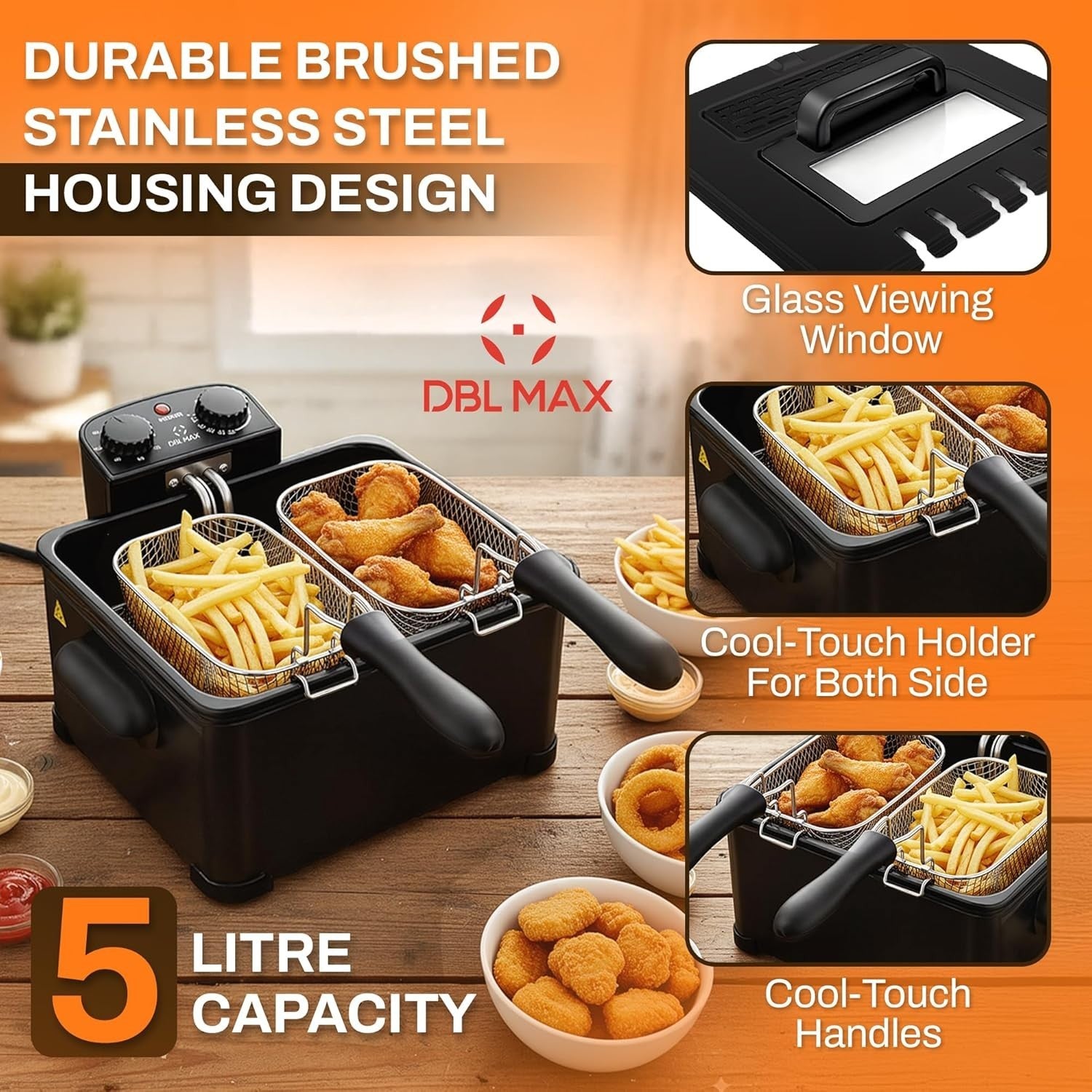 5L Double Basket Deep Fat Fryer 2000W Stainless Steel Adjustable Temp