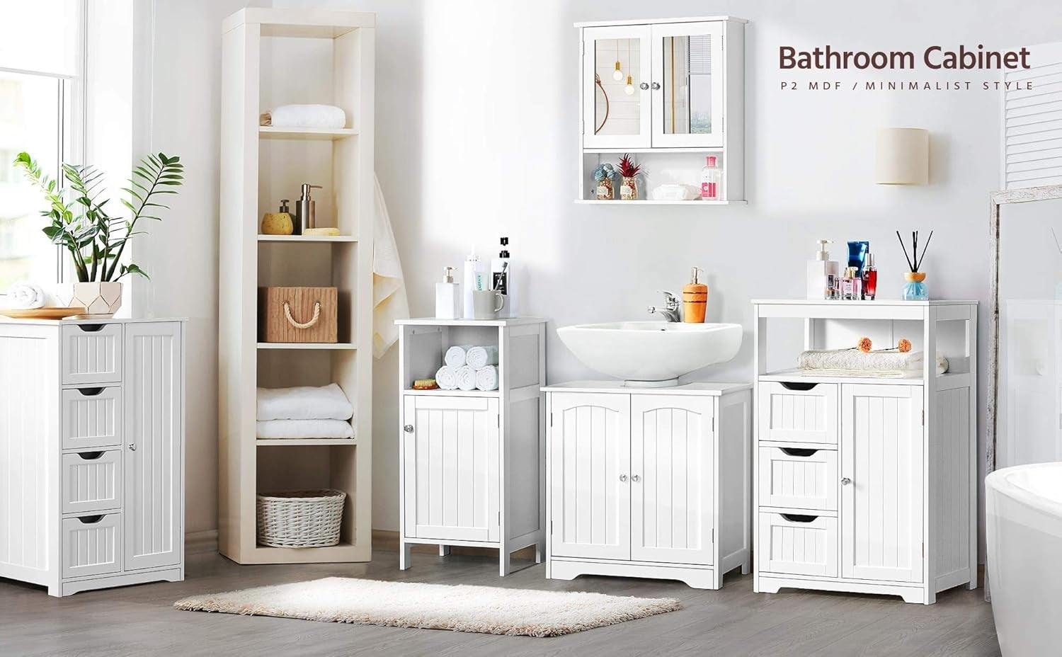 White Bathroom Storage Cabinet with 3 Drawers & Door Freestanding Unit