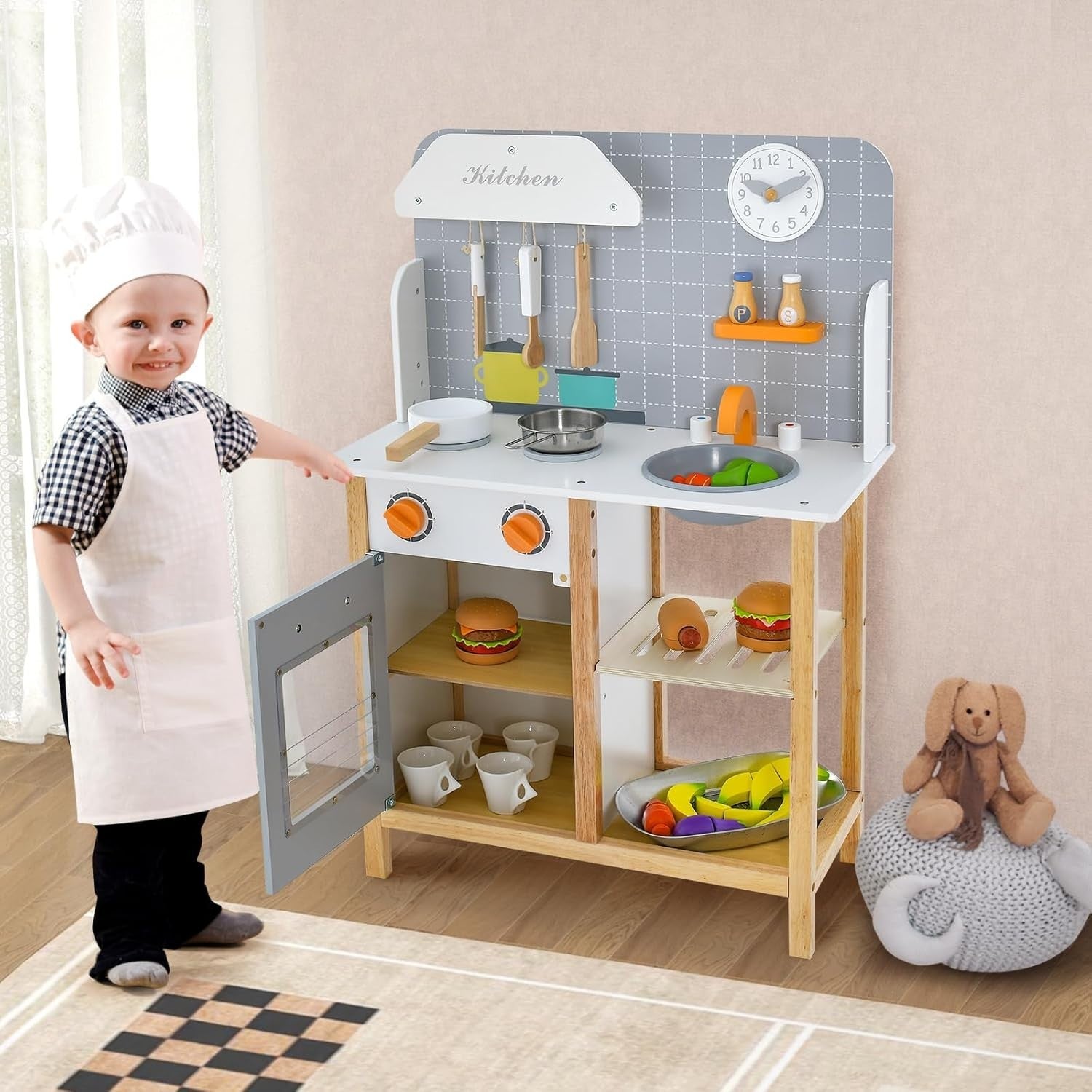 Wooden Kids Play Kitchen Pretend Cooking Set Sound Clock Accessories