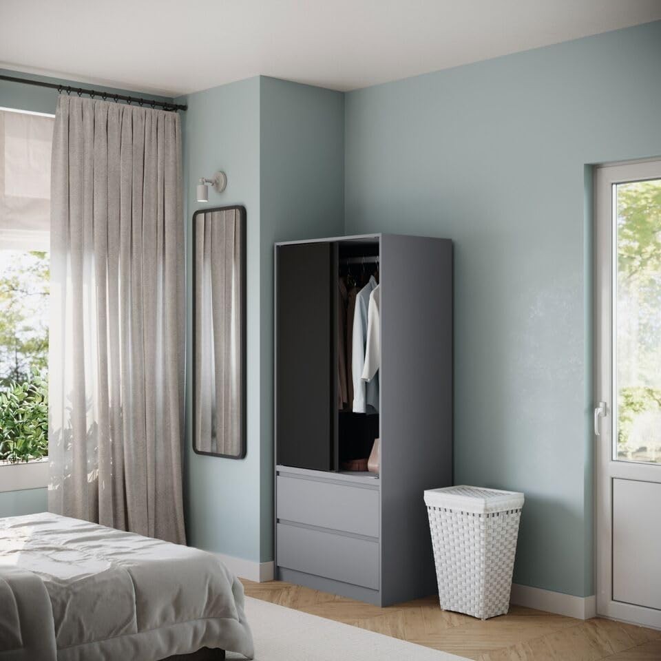 Modern 2-Door Sliding Wardrobe with Drawers, Silent Doors & Adjustable Feet