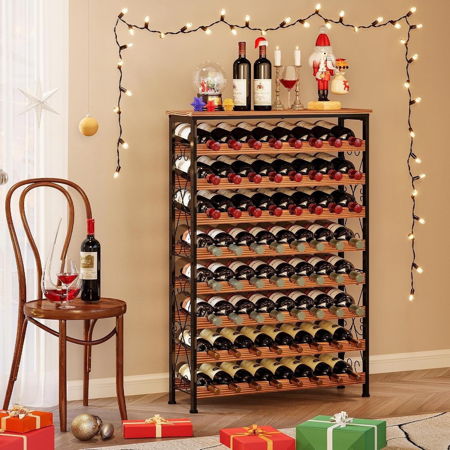 64 Bottle Wine Rack Freestanding with Wooden Top LED Display Shelf Home Bar