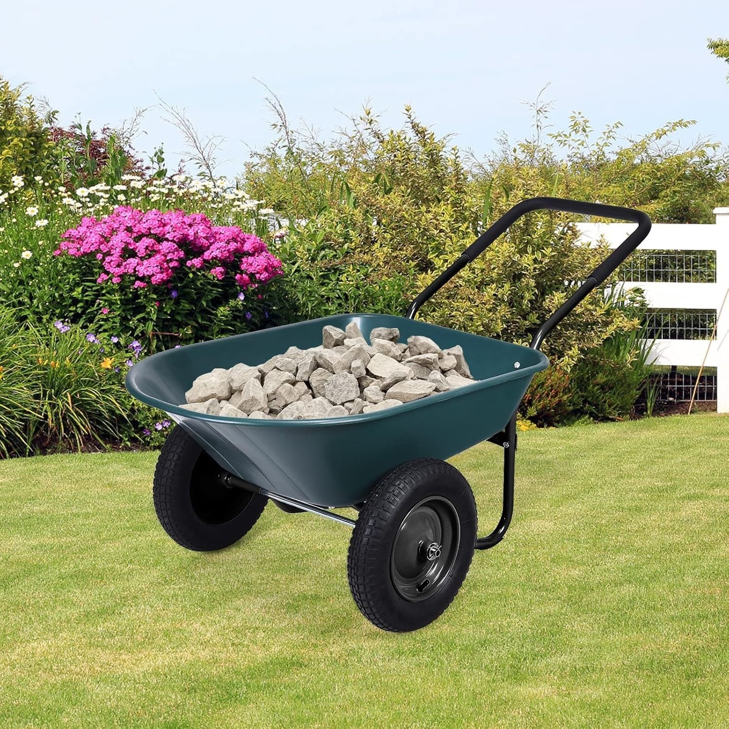 150kg 2-Wheel Garden Green Wheelbarrow – Pneumatic Tyres Heavy Duty Steel Frame