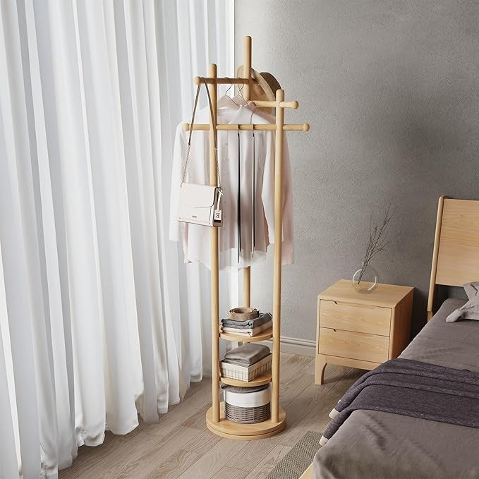 Wooden Coat Rack Stand with 3 Shelves | 360° Rotating 9 Hooks Hall Tree