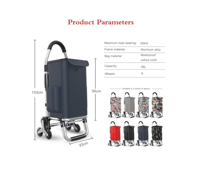 Foldable Stair Climber Shopping Trolley Waterproof 2-in-1 6-Wheel 50kg Cart