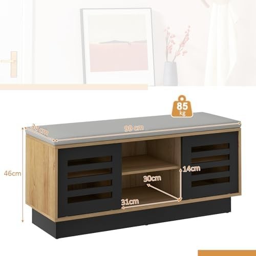 6-Compartment Natural + Black Shoe Bench with Cushion & Adjustable Shelves