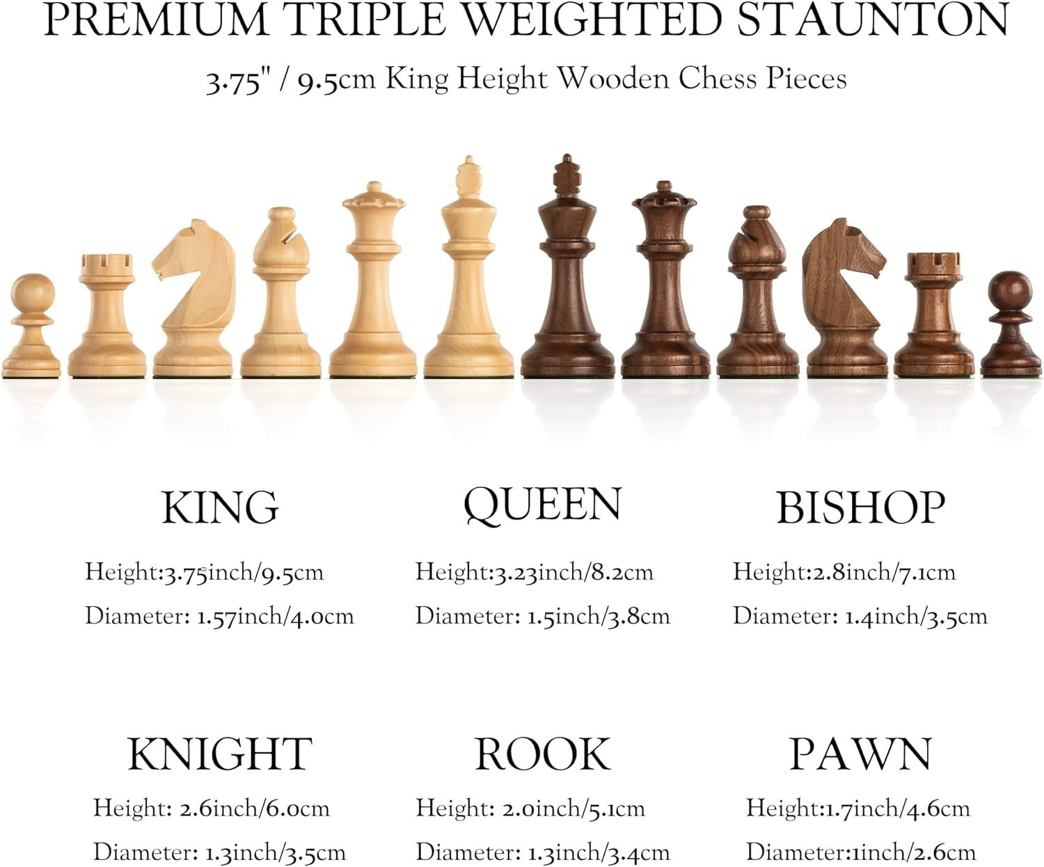 Triple Weighted Wooden Chess Pieces Set 3.75" King w/ Bags & Extra Queens