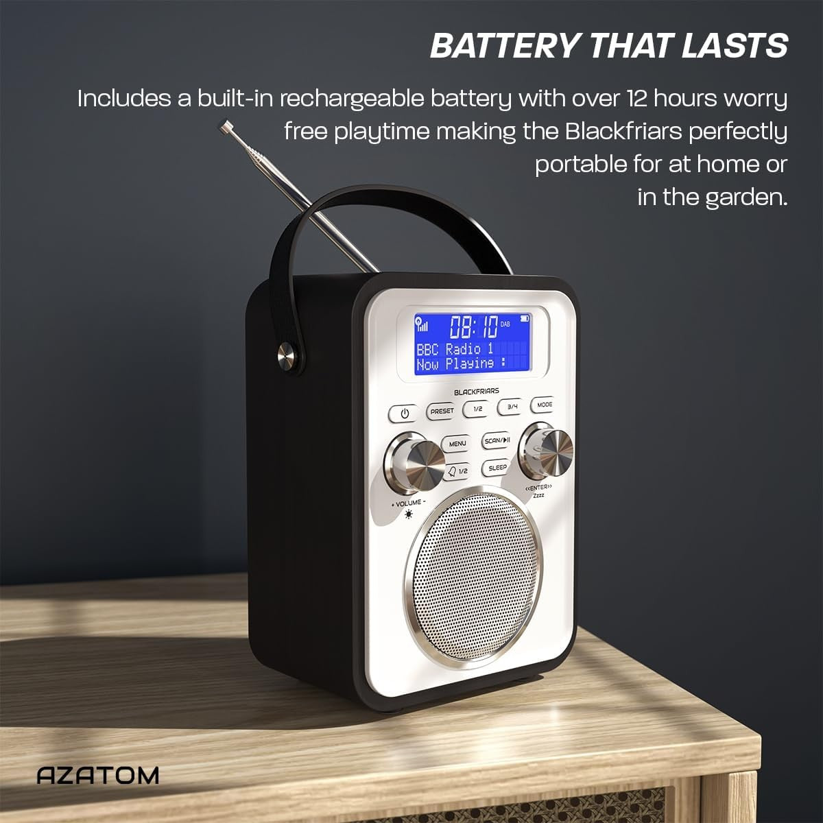 Carbon Black Portable DAB DAB+ FM Radio Bluetooth Rechargeable Dual Alarm
