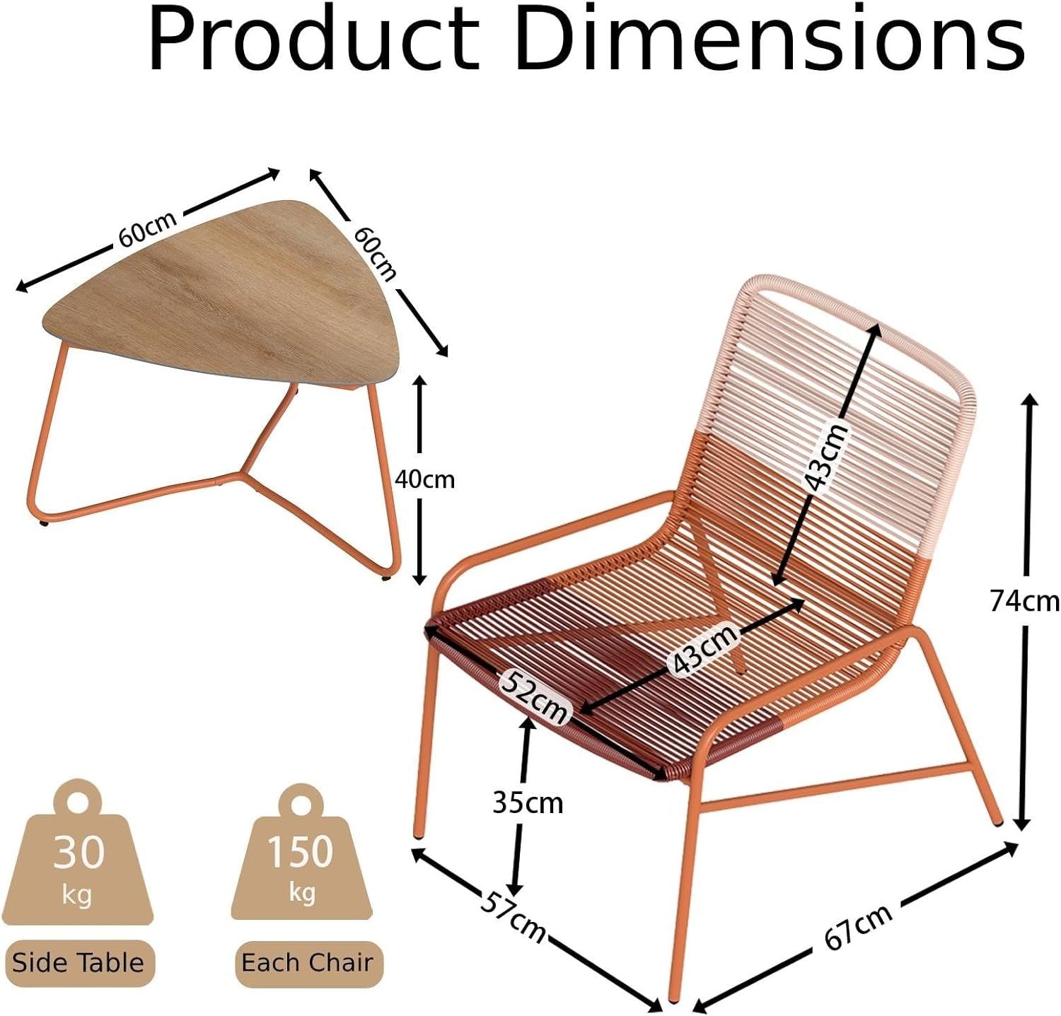 3pc Outdoor Rattan Bistro Chairs with Side Table Modern Balcony Garden Set