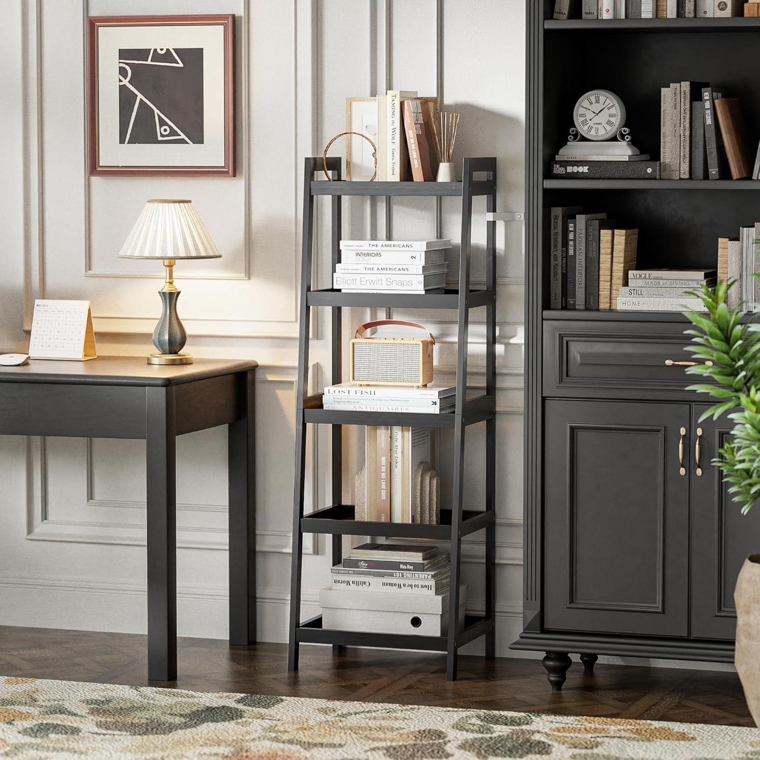 Bamboo Ladder Bookcase 5 Tier Slim Storage Shelf Bathroom Plant Stand