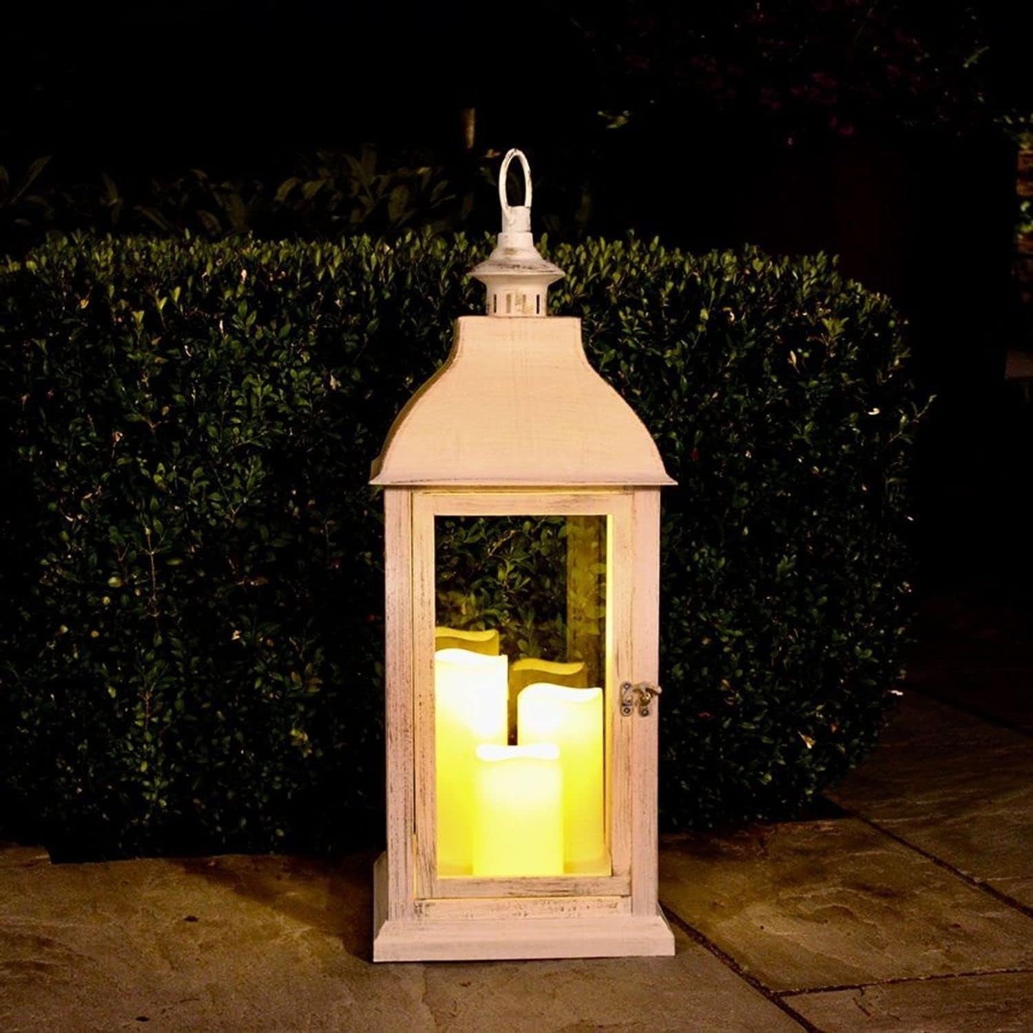 White Decorative Lantern with 3 LED Candles Flickering Light Timer