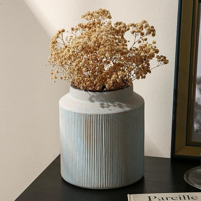Rustic Farmhouse Ceramic Vase 7in Light Green Vintage Terracotta Décor