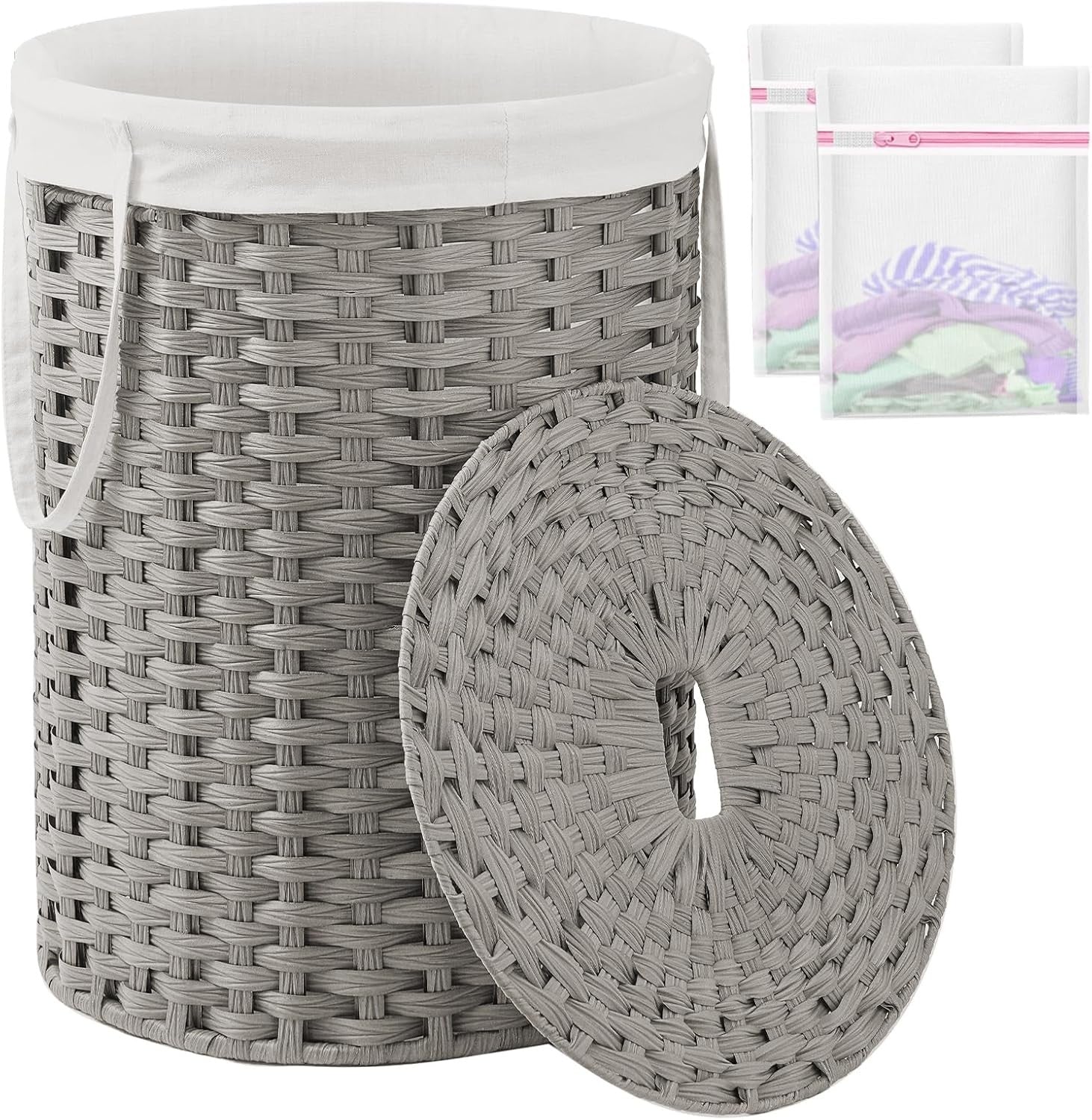110L Grey Wicker Laundry Basket with Lid Large Round Rattan Hamper Storage