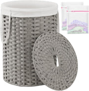 110L Grey Wicker Laundry Basket with Lid Large Round Rattan Hamper Storage