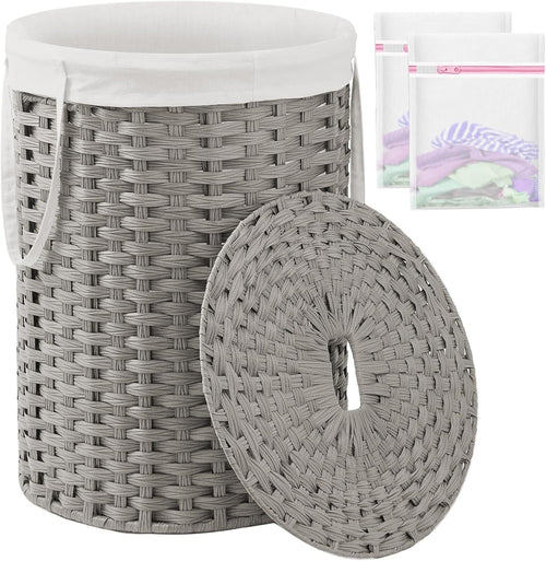 110L Grey Wicker Laundry Basket with Lid Large Round Rattan Hamper Storage