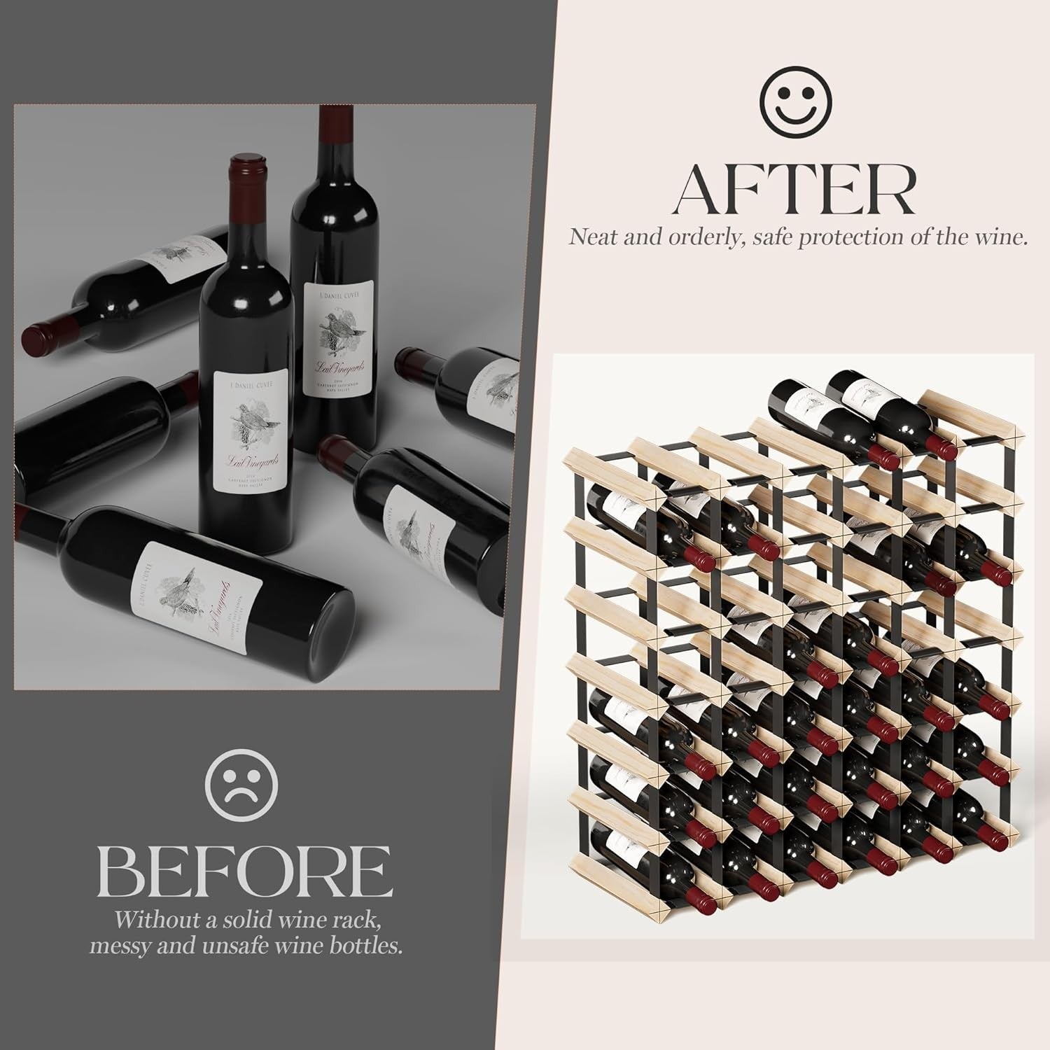 42 Bottle Wine Rack Pine Wood & Metal Freestanding Wine Storage Shelf Organizer