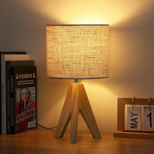 Wood Bedside Table Lamp Tripod Desk Light Linen Shade E27 Bedroom