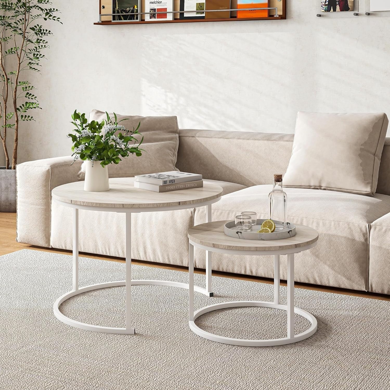 Round Nesting Coffee Tables Set of 2 with Metal Frame & Oak Tops, Space Saving