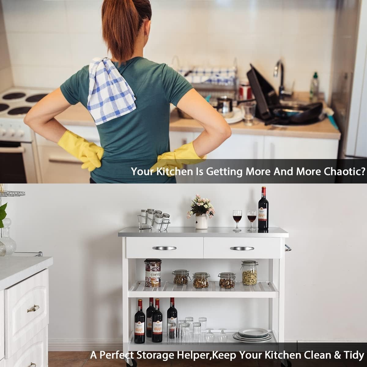 Kitchen Island Trolley on Wheels Stainless Steel Worktop Storage Cart