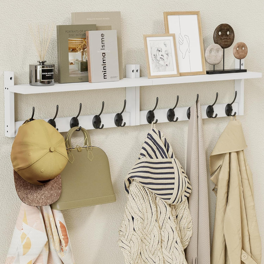 Wooden Wall Coat Rack with Shelf 87cm | 10 Hooks for Coats Hats Bags Keys