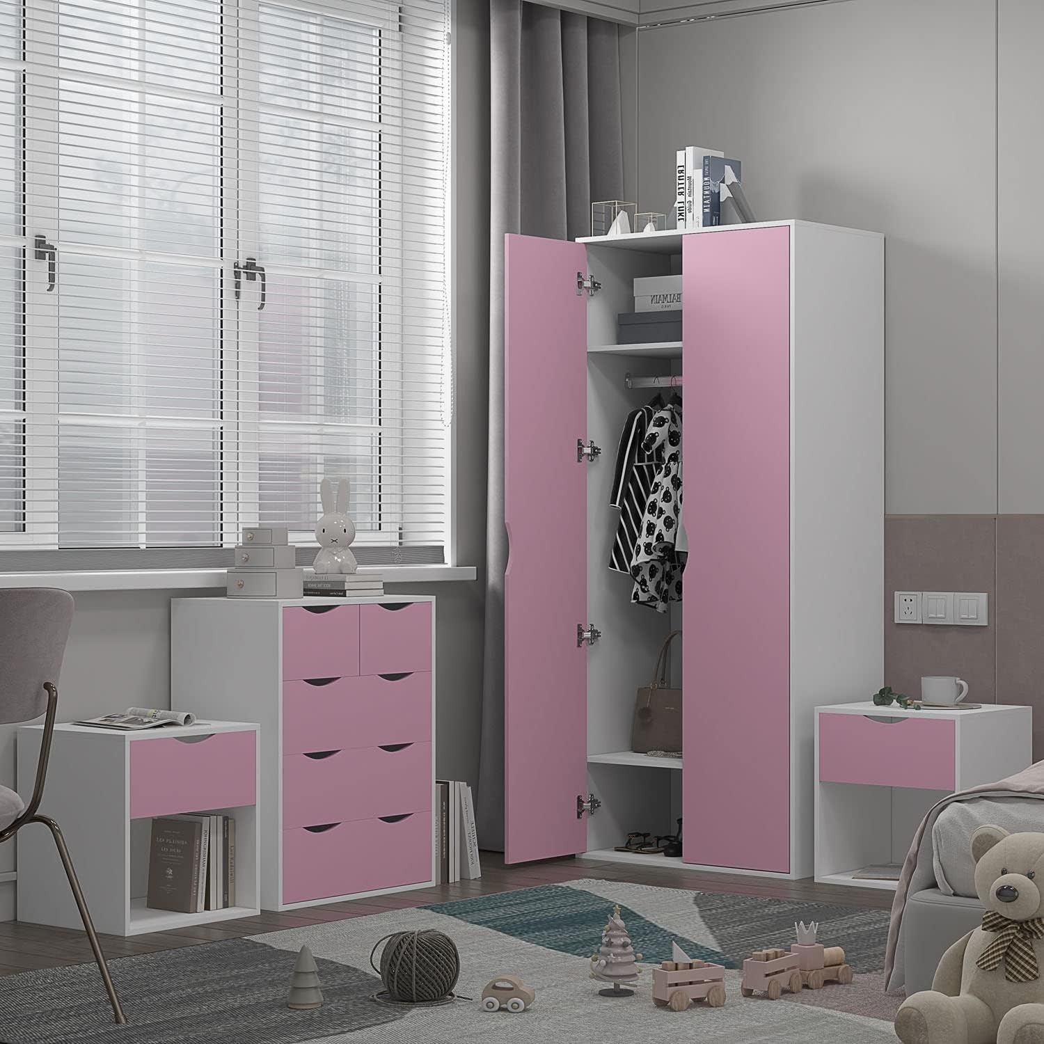 4pc Bedroom Furniture Set Wardrobe Chest Bedside Cabinet Pink White
