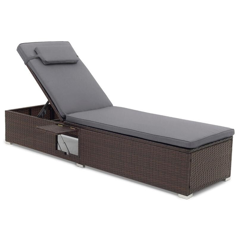 Outdoor Rattan Sun Lounger with Cushion & Table Recliner Chair 6-Position