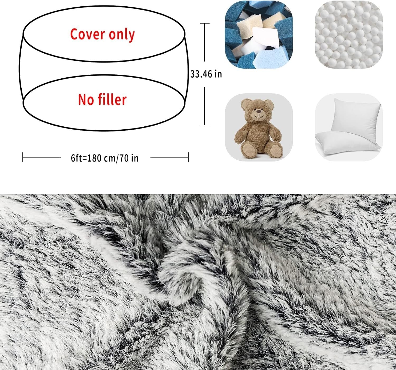 6FT Grey Fluffy Velvet Bean Bag Cover Sofa Seat Large Soft Floor Chair